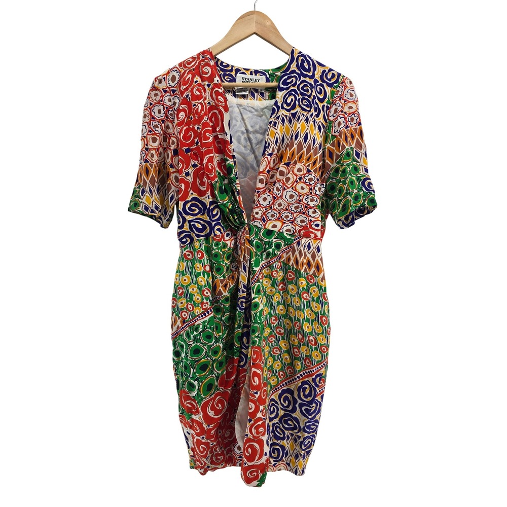 Stanley Sherman Dress Womens 10 Vintage Wrap Front Abstract Multicolor EUC